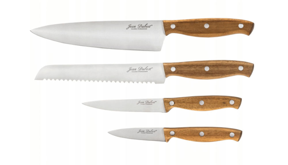 Jean Dubost 4 KITCHEN KNIFE (CHEF+UTILTY+PARING+BREAD) NATURE ACACIA WITH BLACK SHARPENER - Image 3