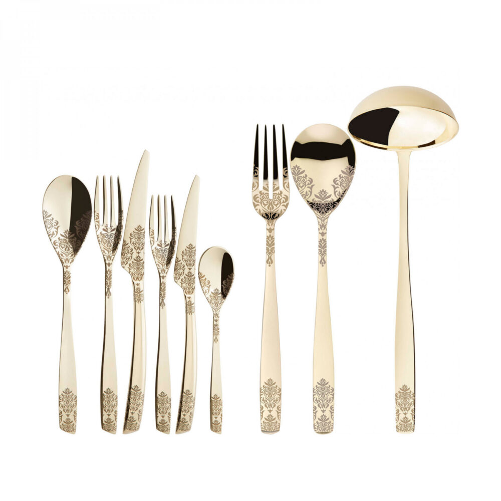 Bugatti Riviera Dévoré Champagne 75-Piece Cutlery Set in Wengé Wood Box – PVD Champagne Finish
